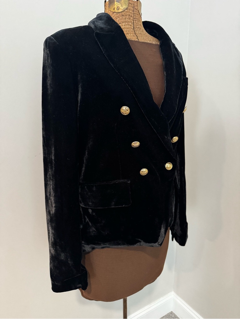 Rachel Zoe Black Velvet Double Breasted Gold Button Blazer Medium - Picture 2 of 12